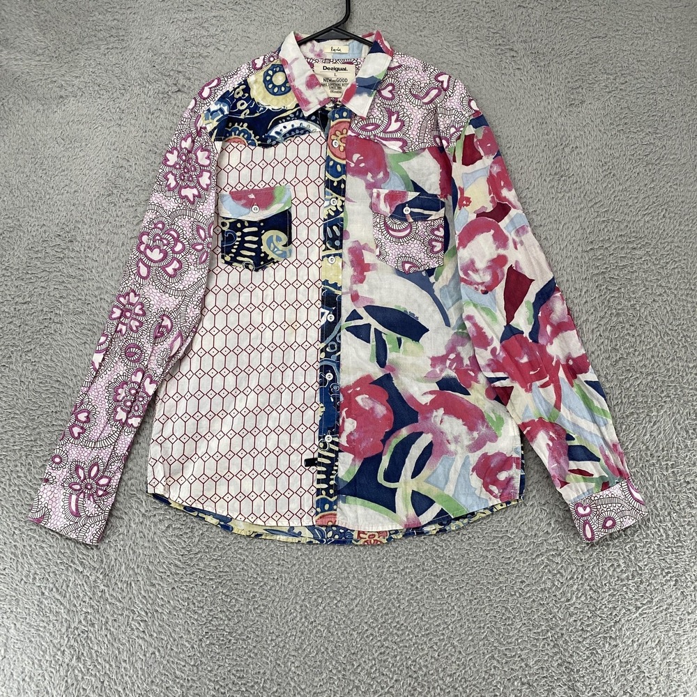Desigual Patchwork Shirt Mens Large Paisley Floral Long Sleeve Button Up Cotton